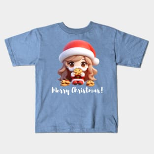 Chibi Kawaii Santa Claus Eating Cookies Kids T-Shirt